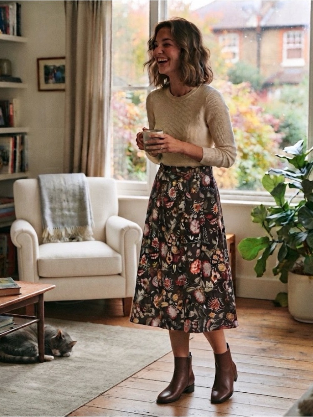 Sag Harbor Floral Midi Skirt - Dark Brown Multicolor Print Elastic Waist A-Line
